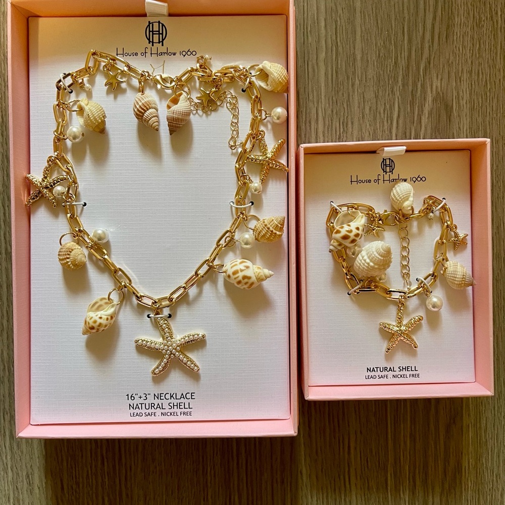 House of Harlow 1960 Gold Chain Shell Necklace and Bracelet Set